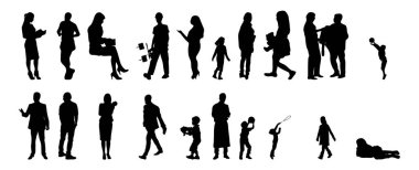 Vektör siluetleri, insanların ana hatları, Contour çizimleri, insanların siluetleri, ikon kümesi izole edilmiş, oturan insanların silueti, mimari set