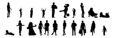 Vektör siluetleri, insanların ana hatları, Contour çizimleri, insanların siluetleri, ikon kümesi izole edilmiş, oturan insanların silueti, mimari set