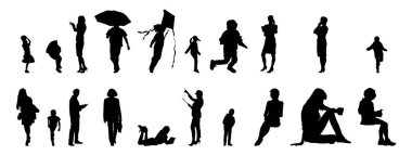 Vektör siluetleri, insanların ana hatları, Contour çizimleri, insanların siluetleri, ikon kümesi izole edilmiş, oturan insanların silueti, mimari set