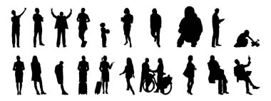 Vektör siluetleri, insanların ana hatları, Contour çizimleri, insanların siluetleri, ikon kümesi izole edilmiş, oturan insanların silueti, mimari set