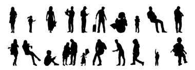 Vektör siluetleri, insanların ana hatları, Contour çizimleri, insanların siluetleri, ikon kümesi izole edilmiş, oturan insanların silueti, mimari set