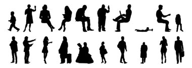 Vektör siluetleri, insanların ana hatları, Contour çizimleri, insanların siluetleri, ikon kümesi izole edilmiş, oturan insanların silueti, mimari set