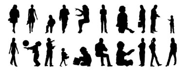 Vektör siluetleri, insanların ana hatları, Contour çizimleri, insanların siluetleri, ikon kümesi izole edilmiş, oturan insanların silueti, mimari set