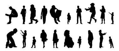 Vektör siluetleri, insanların ana hatları, Contour çizimleri, insanların siluetleri, ikon kümesi izole edilmiş, oturan insanların silueti, mimari set