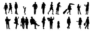 Vektör siluetleri, insanların ana hatları, Contour çizimleri, insanların siluetleri, ikon kümesi izole edilmiş, oturan insanların silueti, mimari set