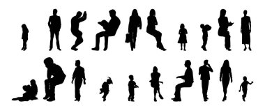Vektör siluetleri, insanların ana hatları, Contour çizimleri, insanların siluetleri, ikon kümesi izole edilmiş, oturan insanların silueti, mimari set