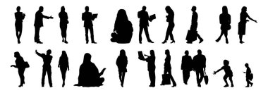 Vektör siluetleri, insanların ana hatları, Contour çizimleri, insanların siluetleri, ikon kümesi izole edilmiş, oturan insanların silueti, mimari set