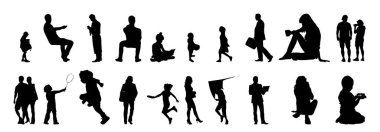 Vektör siluetleri, insanların ana hatları, Contour çizimleri, insanların siluetleri, ikon kümesi izole edilmiş, oturan insanların silueti, mimari set