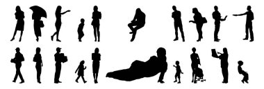 Vektör siluetleri, insanların ana hatları, Contour çizimleri, insanların siluetleri, ikon kümesi izole edilmiş, oturan insanların silueti, mimari set