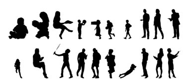 Vektör siluetleri, insanların ana hatları, Contour çizimleri, insanların siluetleri, ikon kümesi izole edilmiş, oturan insanların silueti, mimari set