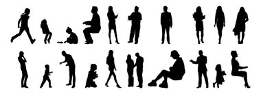 Vektör siluetleri, insanların ana hatları, Contour çizimleri, insanların siluetleri, ikon kümesi izole edilmiş, oturan insanların silueti, mimari set