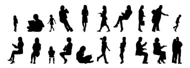 Vektör siluetleri, insanların ana hatları, Contour çizimleri, insanların siluetleri, ikon kümesi izole edilmiş, oturan insanların silueti, mimari set