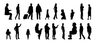 Vektör siluetleri, insanların ana hatları, Contour çizimleri, insanların siluetleri, ikon kümesi izole edilmiş, oturan insanların silueti, mimari set