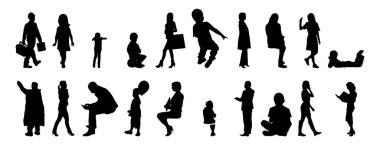 Vektör siluetleri, insanların ana hatları, Contour çizimleri, insanların siluetleri, ikon kümesi izole edilmiş, oturan insanların silueti, mimari set