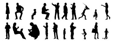 Vektör siluetleri, insanların ana hatları, Contour çizimleri, insanların siluetleri, ikon kümesi izole edilmiş, oturan insanların silueti, mimari set