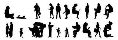 Vektör siluetleri, insanların ana hatları, Contour çizimleri, insanların siluetleri, ikon kümesi izole edilmiş, oturan insanların silueti, mimari set