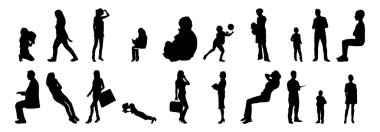 Vektör siluetleri, insanların ana hatları, Contour çizimleri, insanların siluetleri, ikon kümesi izole edilmiş, oturan insanların silueti, mimari set