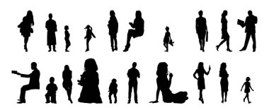 Vektör siluetleri, insanların ana hatları, Contour çizimleri, insanların siluetleri, ikon kümesi izole edilmiş, oturan insanların silueti, mimari set