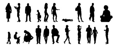 Vektör siluetleri, insanların ana hatları, Contour çizimleri, insanların siluetleri, ikon kümesi izole edilmiş, oturan insanların silueti, mimari set