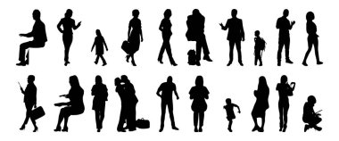 Vektör siluetleri, insanların ana hatları, Contour çizimleri, insanların siluetleri, ikon kümesi izole edilmiş, oturan insanların silueti, mimari set