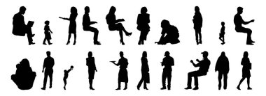 Vektör siluetleri, insanların ana hatları, Contour çizimleri, insanların siluetleri, ikon kümesi izole edilmiş, oturan insanların silueti, mimari set
