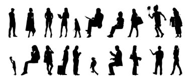 Vektör siluetleri, insanların ana hatları, Contour çizimleri, insanların siluetleri, ikon kümesi izole edilmiş, oturan insanların silueti, mimari set