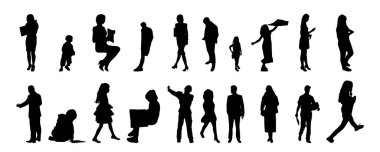 Vektör siluetleri, insanların ana hatları, Contour çizimleri, insanların siluetleri, ikon kümesi izole edilmiş, oturan insanların silueti, mimari set