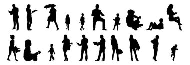 Vektör siluetleri, insanların ana hatları, Contour çizimleri, insanların siluetleri, ikon kümesi izole edilmiş, oturan insanların silueti, mimari set