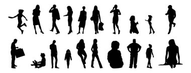Vektör siluetleri, insanların ana hatları, Contour çizimleri, insanların siluetleri, ikon kümesi izole edilmiş, oturan insanların silueti, mimari set