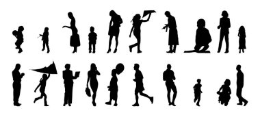 Vektör siluetleri, insanların ana hatları, Contour çizimleri, insanların siluetleri, ikon kümesi izole edilmiş, oturan insanların silueti, mimari set