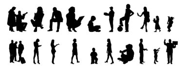 Vektör siluetleri, insanların ana hatları, Contour çizimleri, insanların siluetleri, ikon kümesi izole edilmiş, oturan insanların silueti, mimari set