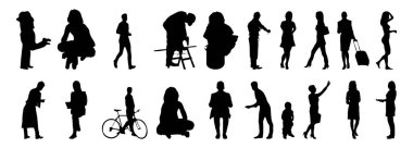 Vektör siluetleri, insanların ana hatları, Contour çizimleri, insanların siluetleri, ikon kümesi izole edilmiş, oturan insanların silueti, mimari set