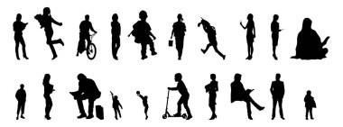 Vektör siluetleri, insanların ana hatları, Contour çizimleri, insanların siluetleri, ikon kümesi izole edilmiş, oturan insanların silueti, mimari set