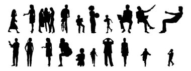 Vektör siluetleri, insanların ana hatları, Contour çizimleri, insanların siluetleri, ikon kümesi izole edilmiş, oturan insanların silueti, mimari set