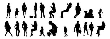 Vektör siluetleri, insanların ana hatları, Contour çizimleri, insanların siluetleri, ikon kümesi izole edilmiş, oturan insanların silueti, mimari set