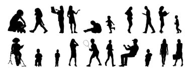 Vektör siluetleri, insanların ana hatları, Contour çizimleri, insanların siluetleri, ikon kümesi izole edilmiş, oturan insanların silueti, mimari set