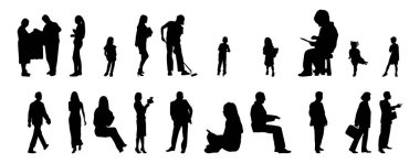 Vektör siluetleri, insanların ana hatları, Contour çizimleri, insanların siluetleri, ikon kümesi izole edilmiş, oturan insanların silueti, mimari set