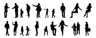 Vektör siluetleri, insanların ana hatları, Contour çizimleri, insanların siluetleri, ikon kümesi izole edilmiş, oturan insanların silueti, mimari set