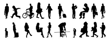 Vektör siluetleri, insanların ana hatları, Contour çizimleri, insanların siluetleri, ikon kümesi izole edilmiş, oturan insanların silueti, mimari set