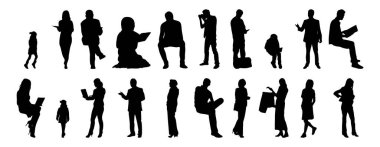 Vektör siluetleri, insanların ana hatları, Contour çizimleri, insanların siluetleri, ikon kümesi izole edilmiş, oturan insanların silueti, mimari set