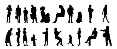 Vektör siluetleri, insanların ana hatları, Contour çizimleri, insanların siluetleri, ikon kümesi izole edilmiş, oturan insanların silueti, mimari set