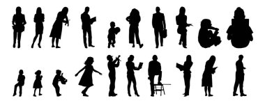 Vektör siluetleri, insanların ana hatları, Contour çizimleri, insanların siluetleri, ikon kümesi izole edilmiş, oturan insanların silueti, mimari set