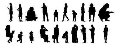 Vektör siluetleri, insanların ana hatları, Contour çizimleri, insanların siluetleri, ikon kümesi izole edilmiş, oturan insanların silueti, mimari set