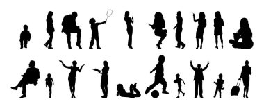 Vektör siluetleri, insanların ana hatları, Contour çizimleri, insanların siluetleri, ikon kümesi izole edilmiş, oturan insanların silueti, mimari set