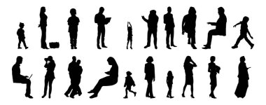 Vektör siluetleri, insanların ana hatları, Contour çizimleri, insanların siluetleri, ikon kümesi izole edilmiş, oturan insanların silueti, mimari set