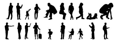 Vektör siluetleri, insanların ana hatları, Contour çizimleri, insanların siluetleri, ikon kümesi izole edilmiş, oturan insanların silueti, mimari set