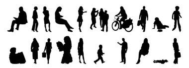 Vektör siluetleri, insanların ana hatları, Contour çizimleri, insanların siluetleri, ikon kümesi izole edilmiş, oturan insanların silueti, mimari set