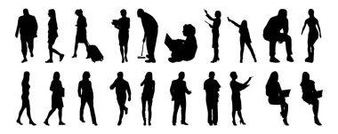 Vektör siluetleri, insanların ana hatları, Contour çizimleri, insanların siluetleri, ikon kümesi izole edilmiş, oturan insanların silueti, mimari set
