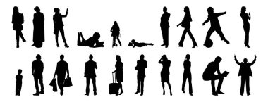 Vektör siluetleri, insanların ana hatları, Contour çizimleri, insanların siluetleri, ikon kümesi izole edilmiş, oturan insanların silueti, mimari set