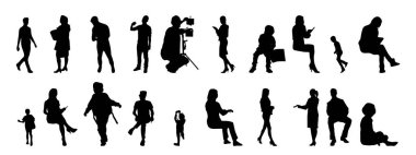 Vektör siluetleri, insanların ana hatları, Contour çizimleri, insanların siluetleri, ikon kümesi izole edilmiş, oturan insanların silueti, mimari set